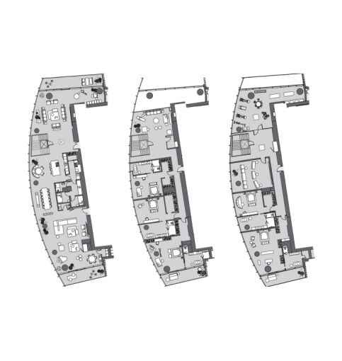 Grand triplex floor plan highlighting multiple levels, luxurious interiors, and private living spaces.